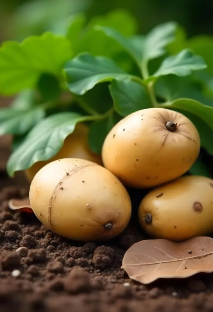 Potatoes On The Ground With Brown Leaves Brown Soil Natural Light Close Up Shot Organic Farming Healthy Food Agriculture Concept 1 4e2d