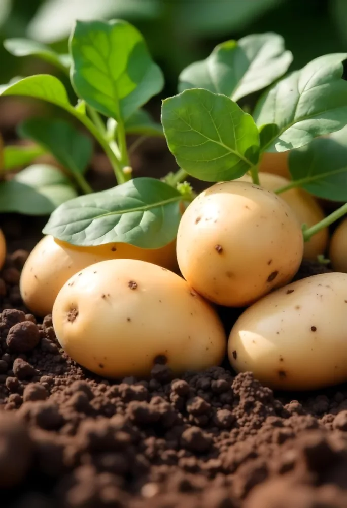 Potatoes On The Ground With Brown Leaves Brown Soil Natural Light Close Up Shot Organic Farming Healthy Food Agriculture Concept 15 3f43