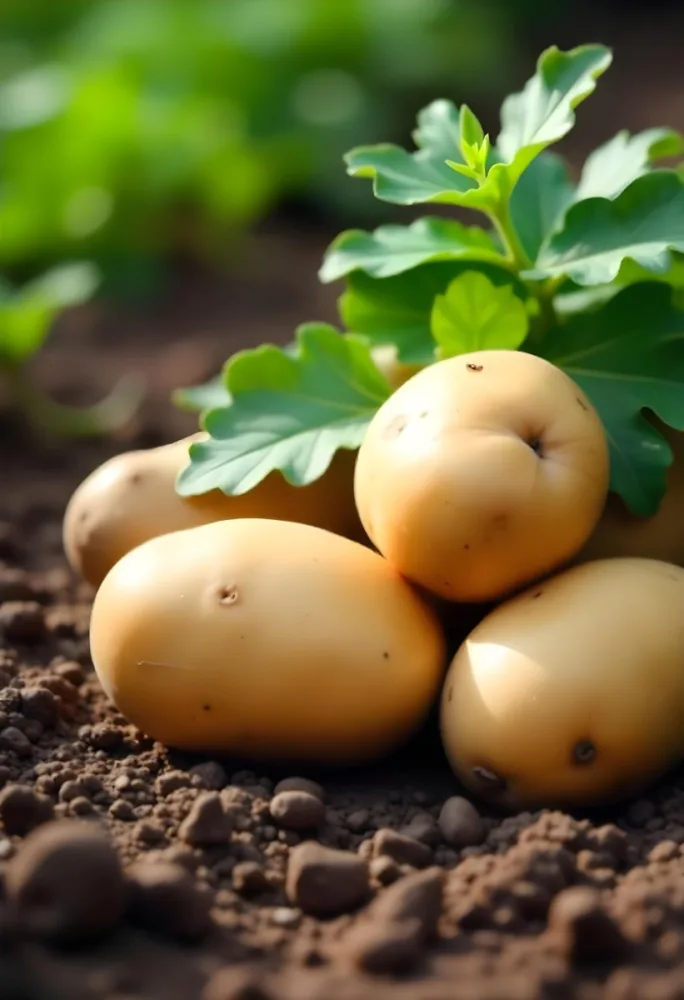 Potatoes On The Ground With Brown Leaves Brown Soil Natural Light Close Up Shot Organic Farming Healthy Food Agriculture Concept 18 Ede4