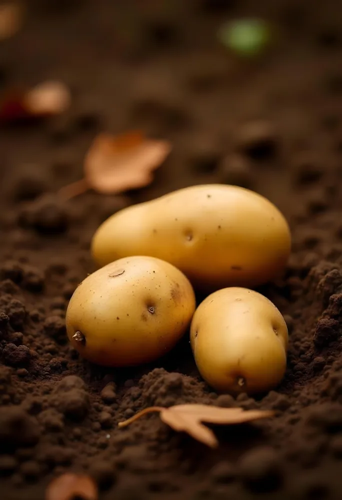 Potatoes On The Ground With Brown Leaves Brown Soil Natural Light Close Up Shot Organic Farming Healthy Food Agriculture Concept 2 5a47