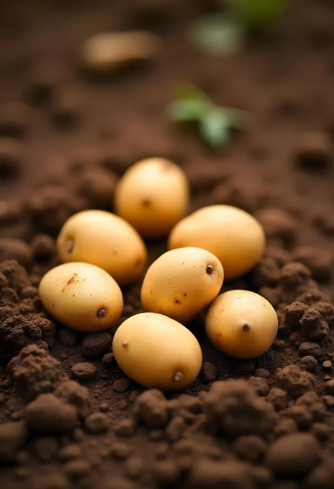 Potatoes On The Ground With Brown Leaves Brown Soil Natural Light Close Up Shot Organic Farming Healthy Food Agriculture Concept 27 61af
