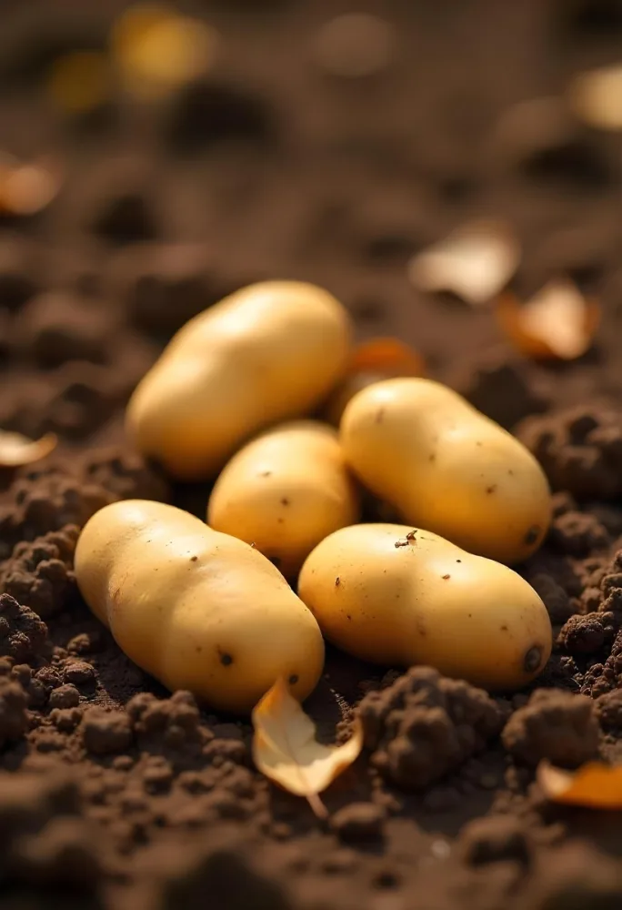 Potatoes On The Ground With Brown Leaves Brown Soil Natural Light Close Up Shot Organic Farming Healthy Food Agriculture Concept 28 4b8b