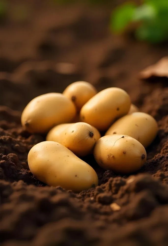 Potatoes On The Ground With Brown Leaves Brown Soil Natural Light Close Up Shot Organic Farming Healthy Food Agriculture Concept 30 29ce
