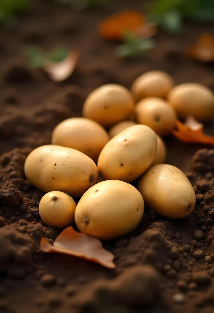 Potatoes On The Ground With Brown Leaves Brown Soil Natural Light Close Up Shot Organic Farming Healthy Food Agriculture Concept 31 Dd62