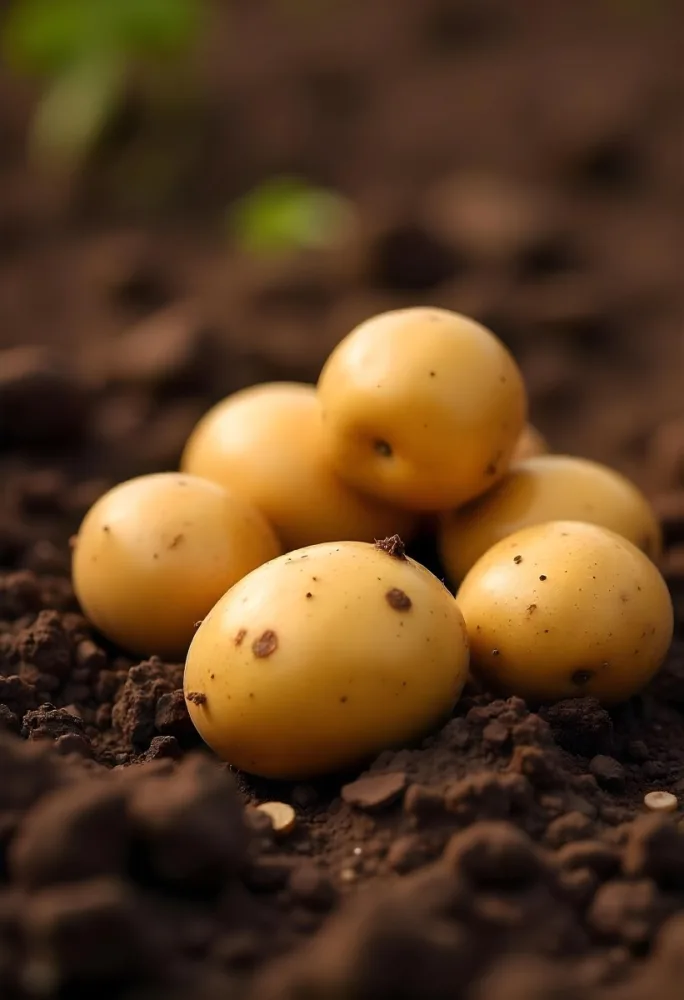 Potatoes On The Ground With Brown Leaves Brown Soil Natural Light Close Up Shot Organic Farming Healthy Food Agriculture Concept 32 5e25