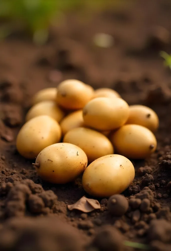 Potatoes On The Ground With Brown Leaves Brown Soil Natural Light Close Up Shot Organic Farming Healthy Food Agriculture Concept 7 A133