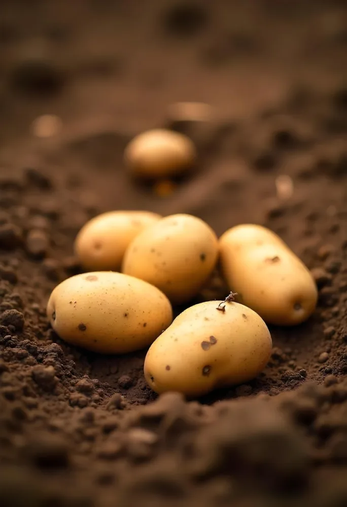 Potatoes On The Ground With Brown Leaves Brown Soil Natural Light Close Up Shot Organic Farming Healthy Food Agriculture Concept 8 Ffbf
