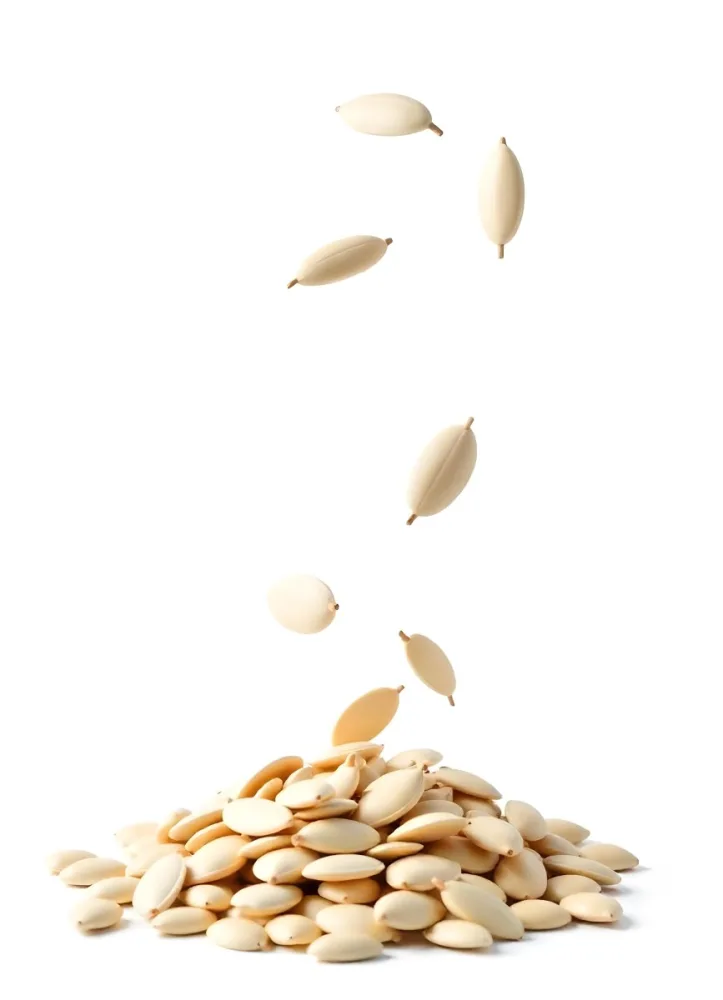 Pumpkin Seeds Falling Into A Pile Of Pumpkin Seeds Isolated On A White Background 9 Addc