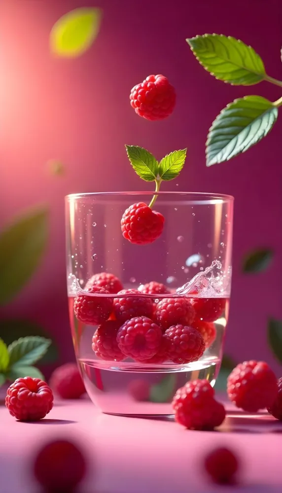 Raspberries Falling Into A Glass Of Water With Water Drops Mint Leaves Pink Background Bright Light Close Up 17 248a