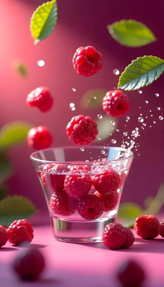 Raspberries Falling Into A Glass Of Water With Water Drops Mint Leaves Pink Background Bright Light Close Up 20 B67c