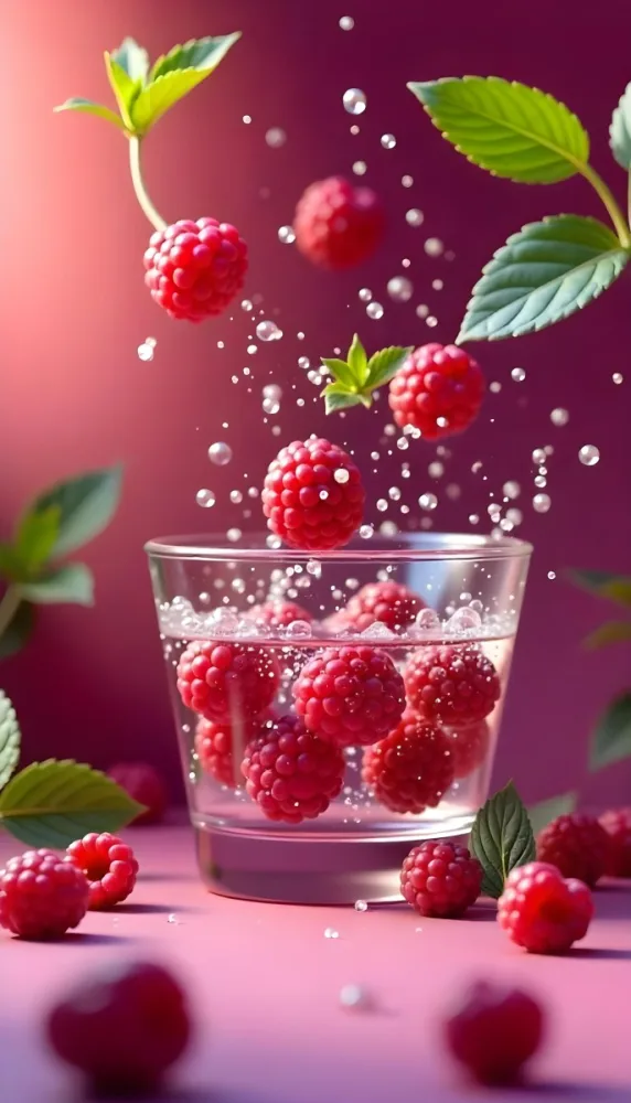 Raspberries Falling Into A Glass Of Water With Water Drops Mint Leaves Pink Background Bright Light Close Up 26 8e08