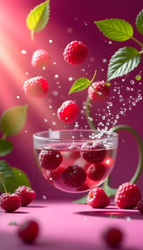 Raspberries Falling Into A Glass Of Water With Water Drops Mint Leaves Pink Background Bright Light Close Up 28 E8c3