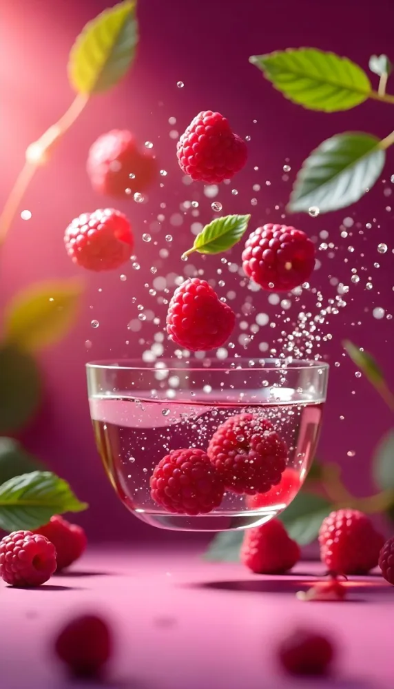 Raspberries Falling Into A Glass Of Water With Water Drops Mint Leaves Pink Background Bright Light Close Up 34 F099