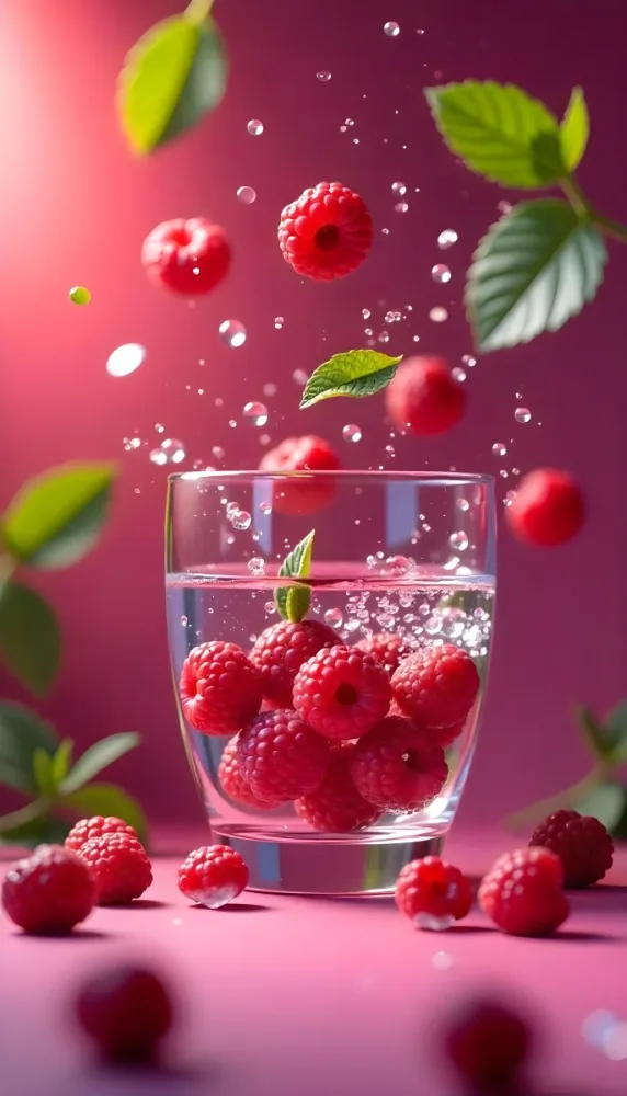 Raspberries Falling Into A Glass Of Water With Water Drops Mint Leaves Pink Background Bright Light Close Up 37 2aa5