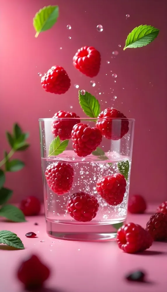 Raspberries Falling Into A Glass Of Water With Water Drops Mint Leaves Pink Background Bright Light Close Up 38 Adb7