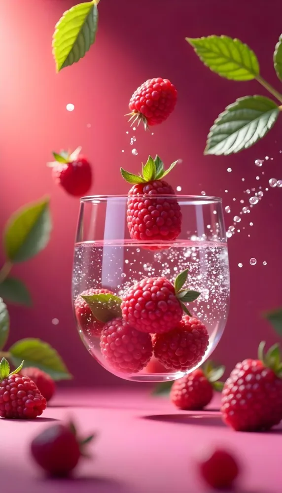 Raspberries Falling Into A Glass Of Water With Water Drops Mint Leaves Pink Background Bright Light Close Up 39 Ce85