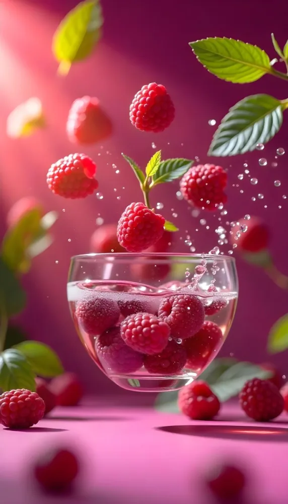 Raspberries Falling Into A Glass Of Water With Water Drops Mint Leaves Pink Background Bright Light Close Up 4 Bede