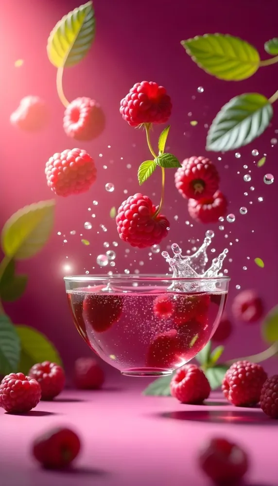 Raspberries Falling Into A Glass Of Water With Water Drops Mint Leaves Pink Background Bright Light Close Up 40 F3d1