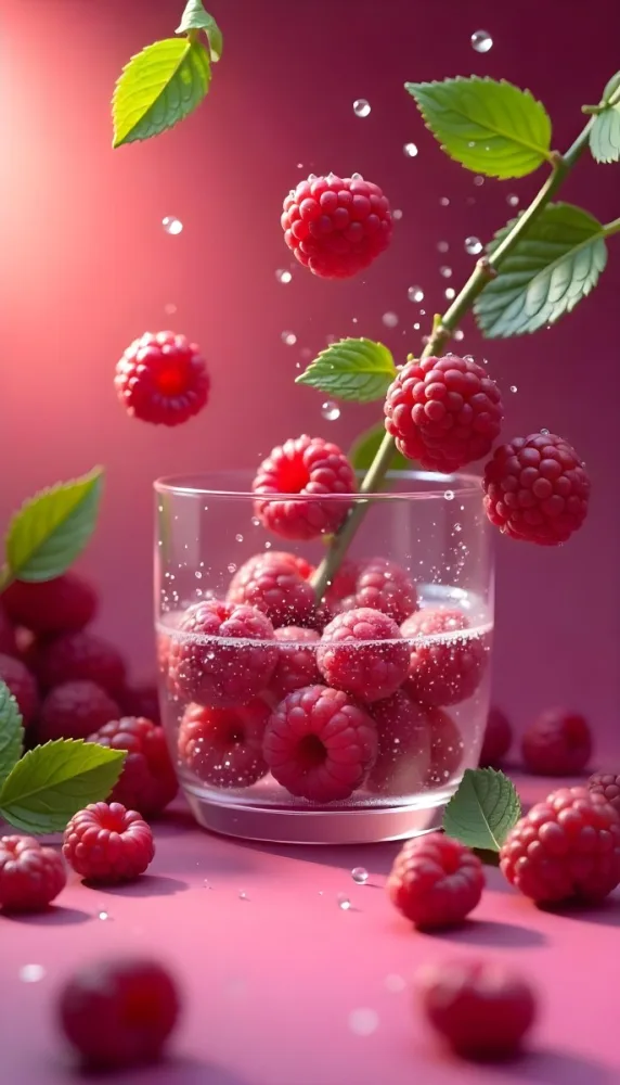 Raspberries Falling Into A Glass Of Water With Water Drops Mint Leaves Pink Background Bright Light Close Up 41 4ea6