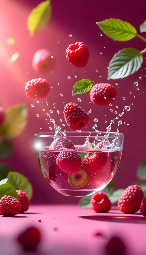 Raspberries Falling Into A Glass Of Water With Water Drops Mint Leaves Pink Background Bright Light Close Up 43 8eaf