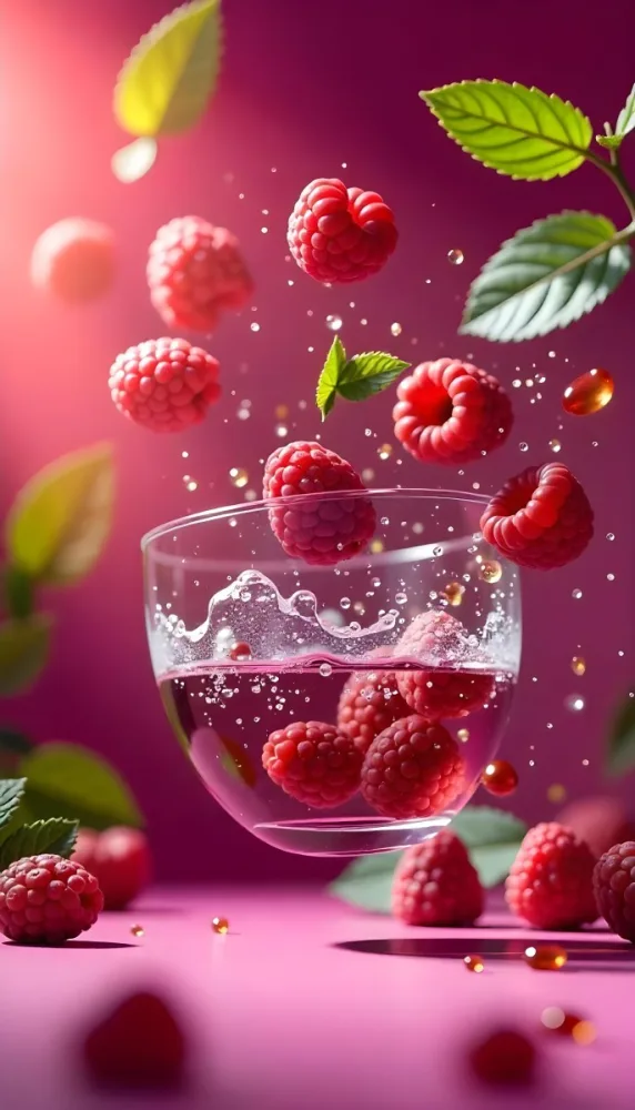 Raspberries Falling Into A Glass Of Water With Water Drops Mint Leaves Pink Background Bright Light Close Up 5 849e