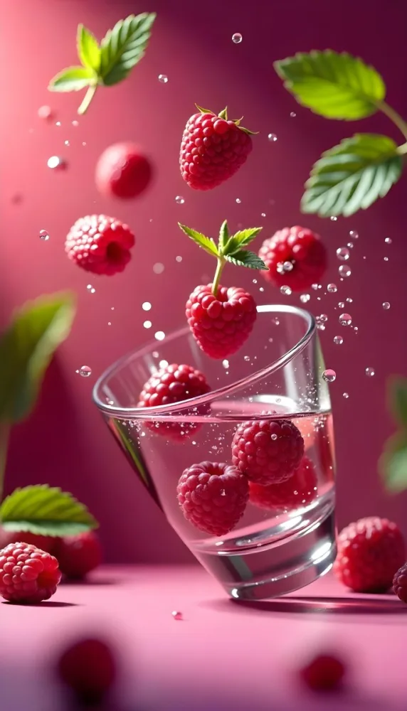 Raspberries Falling Into A Glass Of Water With Water Drops Mint Leaves Pink Background Bright Light Close Up 8 4e7c