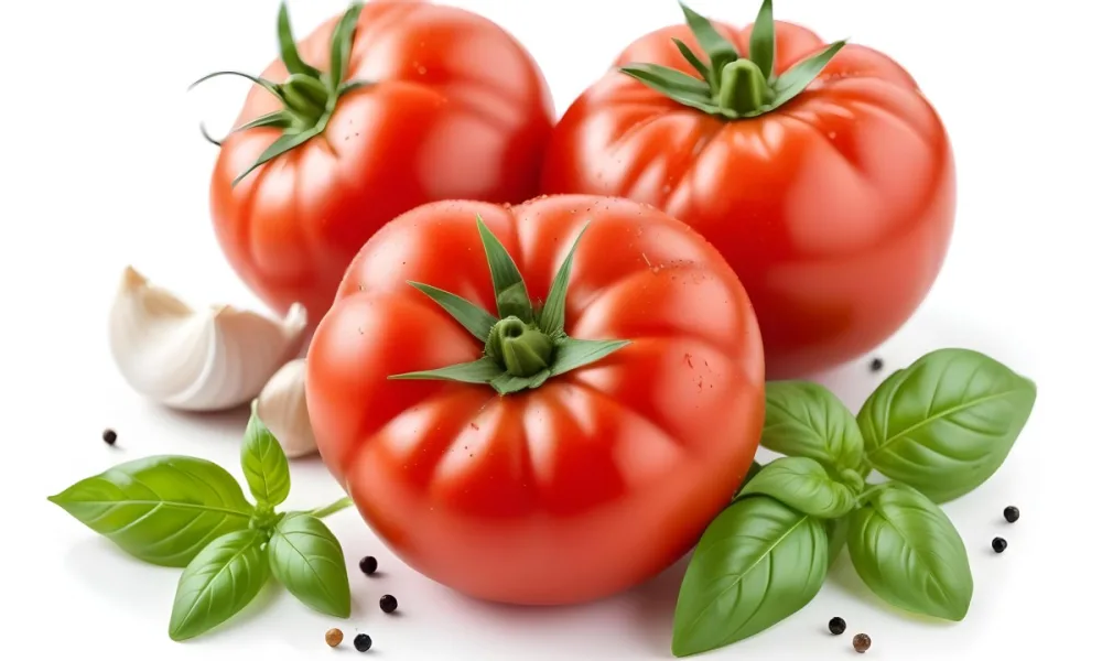 Ripe Red Tomatoes With Fresh Basil Leaves Garlic And Black Peppercorns On A White Background 13 Ea51