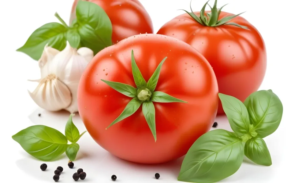 Ripe Red Tomatoes With Fresh Basil Leaves Garlic And Black Peppercorns On A White Background 22 Bcb0