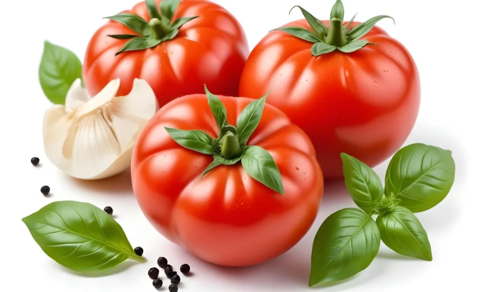 Ripe Red Tomatoes With Fresh Basil Leaves Garlic And Black Peppercorns On A White Background 23 01e0