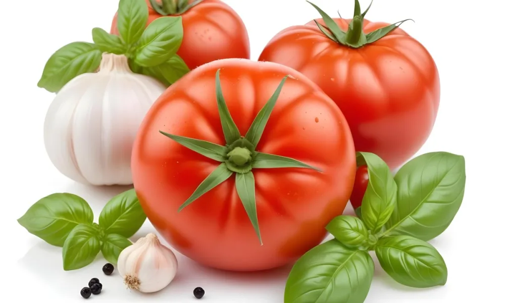 Ripe Red Tomatoes With Fresh Basil Leaves Garlic And Black Peppercorns On A White Background 27 Cdc7