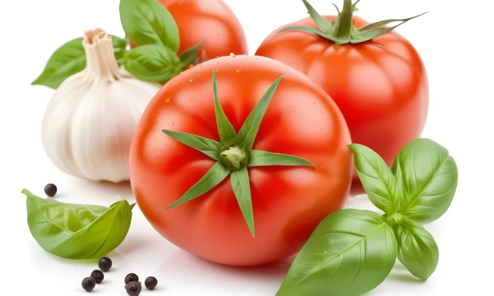 Ripe Red Tomatoes With Fresh Basil Leaves Garlic And Black Peppercorns On A White Background 29 3660