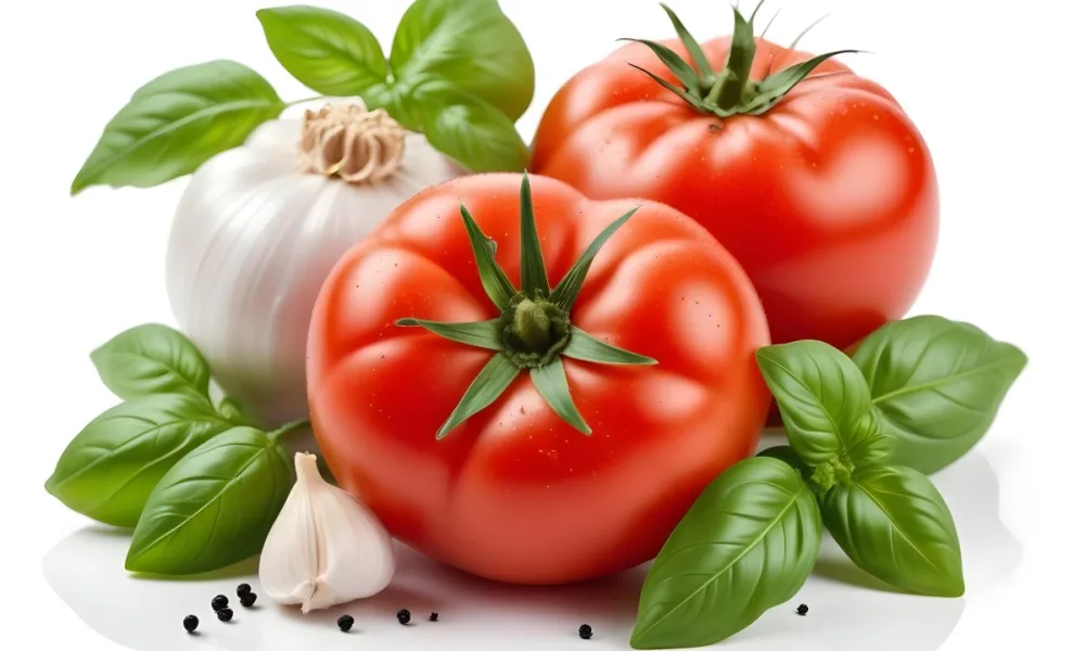 Ripe Red Tomatoes With Fresh Basil Leaves Garlic And Black Peppercorns On A White Background 30 E997