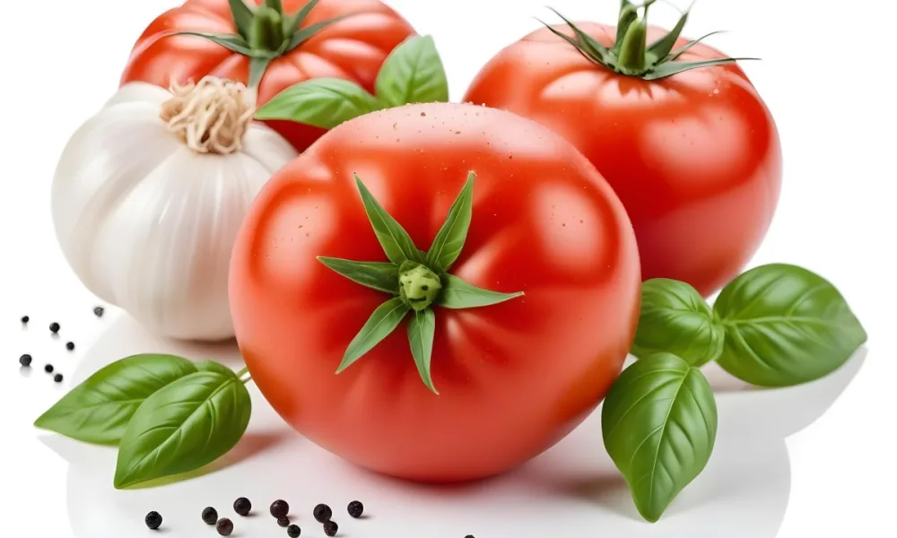 Ripe Red Tomatoes With Fresh Basil Leaves Garlic And Black Peppercorns On A White Background 33 538f