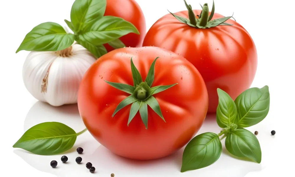 Ripe Red Tomatoes With Fresh Basil Leaves Garlic And Black Peppercorns On A White Background 35 0f25