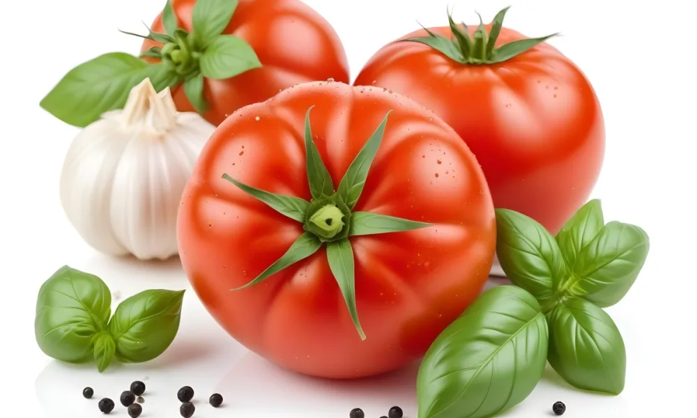 Ripe Red Tomatoes With Fresh Basil Leaves Garlic And Black Peppercorns On A White Background 36 66cc