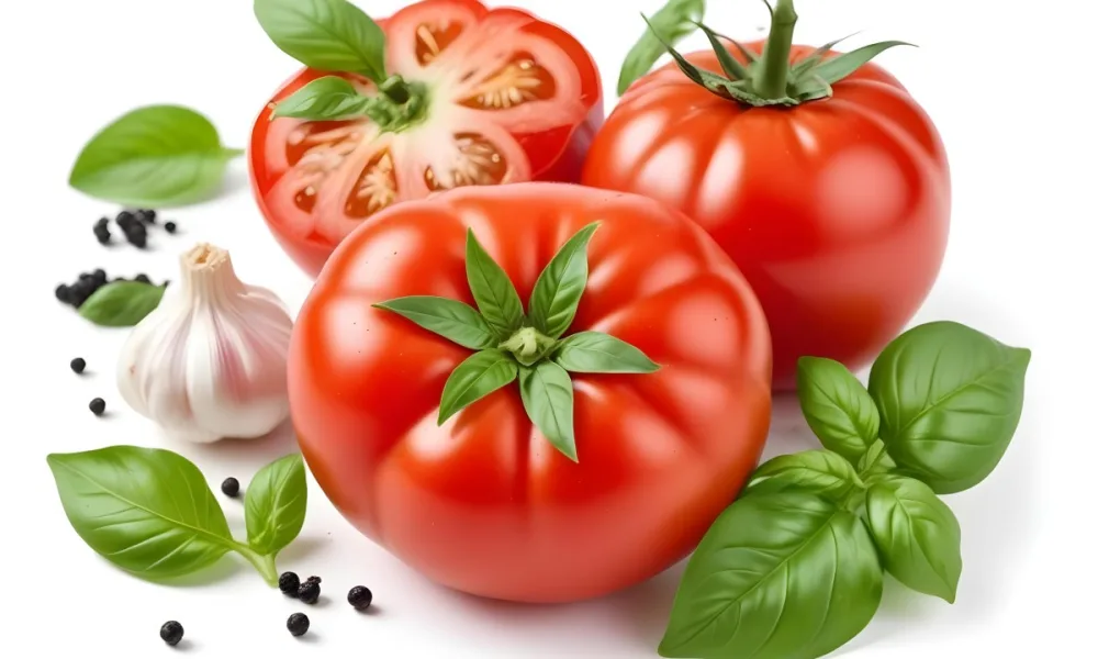 Ripe Red Tomatoes With Fresh Basil Leaves Garlic And Black Peppercorns On A White Background 37 92f2