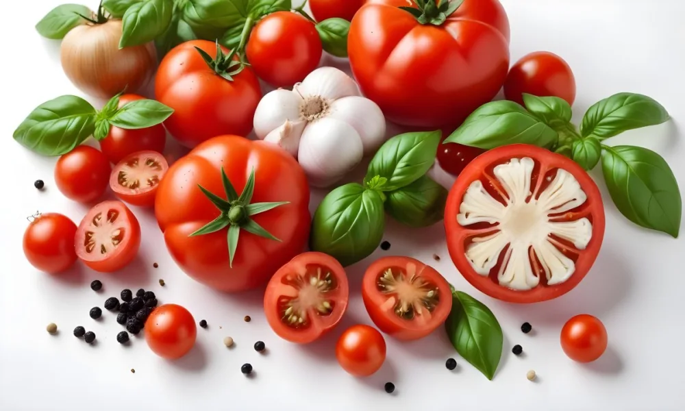 Ripe Red Tomatoes With Fresh Basil Leaves Garlic And Black Peppercorns On A White Background 38 D7d1