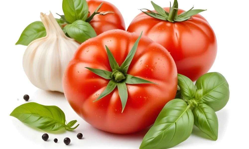 Ripe Red Tomatoes With Fresh Basil Leaves Garlic And Black Peppercorns On A White Background 4 0daf