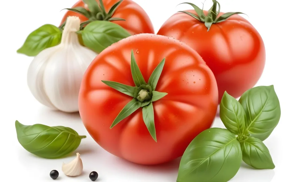 Ripe Red Tomatoes With Fresh Basil Leaves Garlic And Black Peppercorns On A White Background 40 99d3