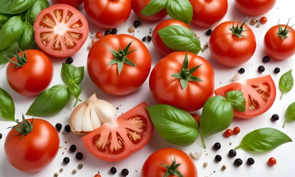 Ripe Red Tomatoes With Fresh Basil Leaves Garlic And Black Peppercorns On A White Background 41 0f12
