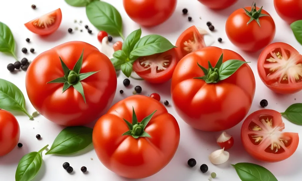 Ripe Red Tomatoes With Fresh Basil Leaves Garlic And Black Peppercorns On A White Background 5 Fb6c