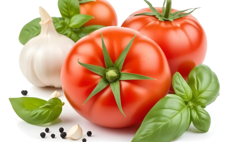 Ripe Red Tomatoes With Fresh Basil Leaves Garlic And Black Peppercorns On A White Background 7 E1d3