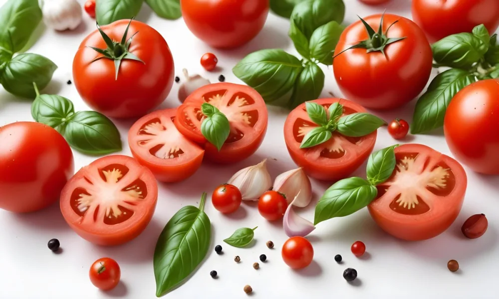 Ripe Red Tomatoes With Fresh Basil Leaves Garlic And Black Peppercorns On A White Background 9 2735