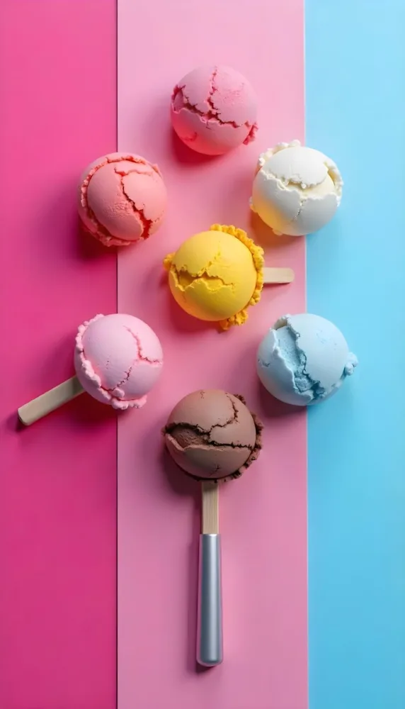 Six Ice Cream Scoops Of Different Colors Pink Pink Pink Pink And Pink On A Pink And Blue Background 27 47f5