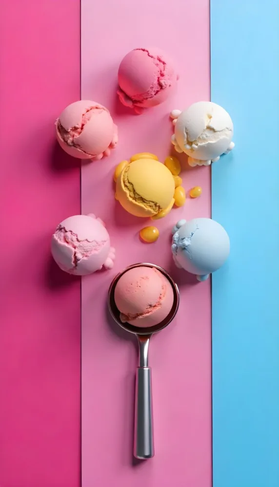Six Ice Cream Scoops Of Different Colors Pink Pink Pink Pink And Pink On A Pink And Blue Background 5 6327