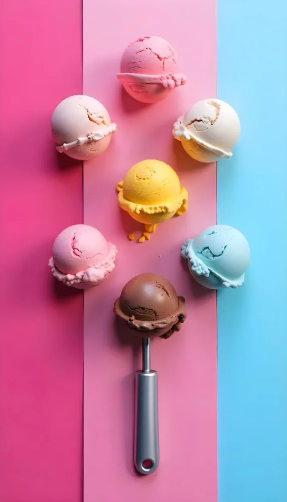 Six Ice Cream Scoops Of Different Colors Pink Pink Pink Pink And Pink On A Pink And Blue Background 54 0f50