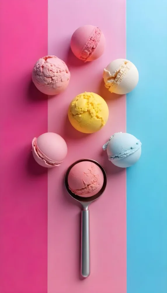 Six Ice Cream Scoops Of Different Colors Pink Pink Pink Pink And Pink On A Pink And Blue Background 55 75d2