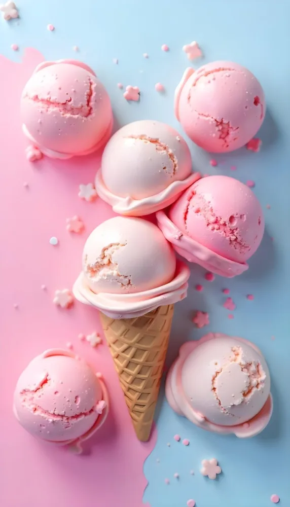 Six Ice Cream Scoops Of Different Colors Pink Pink Pink Pink And Pink On A Pink And Blue Background 7 235b