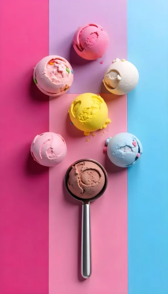 Six Ice Cream Scoops Of Different Colors Pink Pink Pink Pink And Pink On A Pink And Blue Background 8 E41d