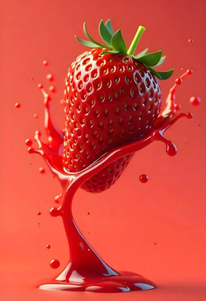 Sliced Strawberry With Red Liquid Splash Vibrant Colors Studio Shot Clean Background Dynamic Composition Food Photography Close Up Juicy Refreshing Appetizing Visually Appealing Mouthwatering 12 01e6